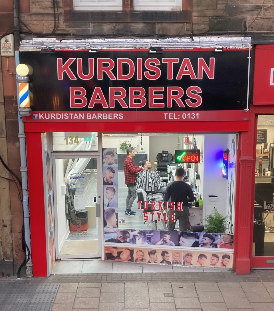 Kurdistan Barbers shopfront sign, 134 Portobello High Street, Edinburgh